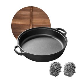 WANGYUANJI 13.8"Cast Iron Wok with Dual Handles and Wooden Lid, Uncoated Frying Pan for Gas and IH, Chinese Thickened Pancake Pan