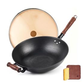 WANGYUANJI 14.2" Cast Iron Wok, Craft Wok Chinese Wok, Flat Bottom Iron Woks with Class Lid, Fry Pan Suitable for Induction, Electric, Gas