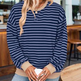 Women's Casual Crewneck Striped Long Sleeve Sweatshirt - Comfortable Loose Fit Ribbed Knit Top For Spring&Fall (Option: Denim blue-XL)