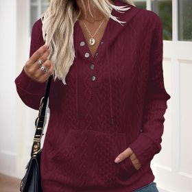 Women's V-Neck Solid Textured Long Sleeve Hoodie With Button Front & Kangaroo Pocket - Drawstring Hood Casual Pullover (Option: Wine red-S)