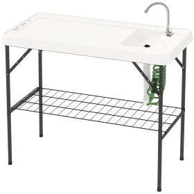 Folding Fish Cleaning Table With Sink, Portable Camping Table With Faucet, Drainage Hose, Sprayer And Shelf, White (Color: White)