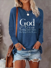 Women's Printed Long Sleeve Hoodless Sweatshirt (Option: Blue-S)