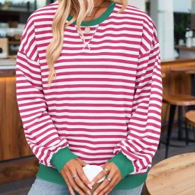 Women's Casual Crewneck Striped Long Sleeve Sweatshirt - Comfortable Loose Fit Ribbed Knit Top For Spring&Fall (Option: Rose red-S)