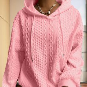 Women's Solid Color Ribbed Design Long Sleeve Hoodie - Loose Fit Drawstring Pullover For Fall & Winter Casual Wear (Option: Pink-S)