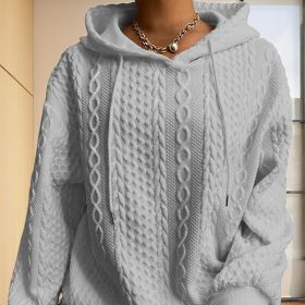 Women's Solid Color Ribbed Design Long Sleeve Hoodie - Loose Fit Drawstring Pullover For Fall & Winter Casual Wear (Option: Light gray-S)