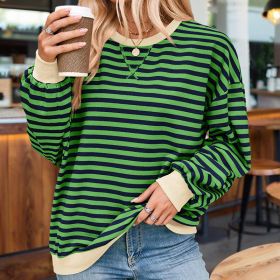 Women's Casual Crewneck Striped Long Sleeve Sweatshirt - Comfortable Loose Fit Ribbed Knit Top For Spring&Fall (Option: Blue green-S)